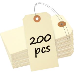 Uniclife 200 Pcs Manila Tags Blank Shipping Tags with Wire Attached 4.7 Inch Paper Hang Tag with Reinforced Eyelet Large Marking Writable Price Inventory Label Tag, 4.7" x 2 3/8"