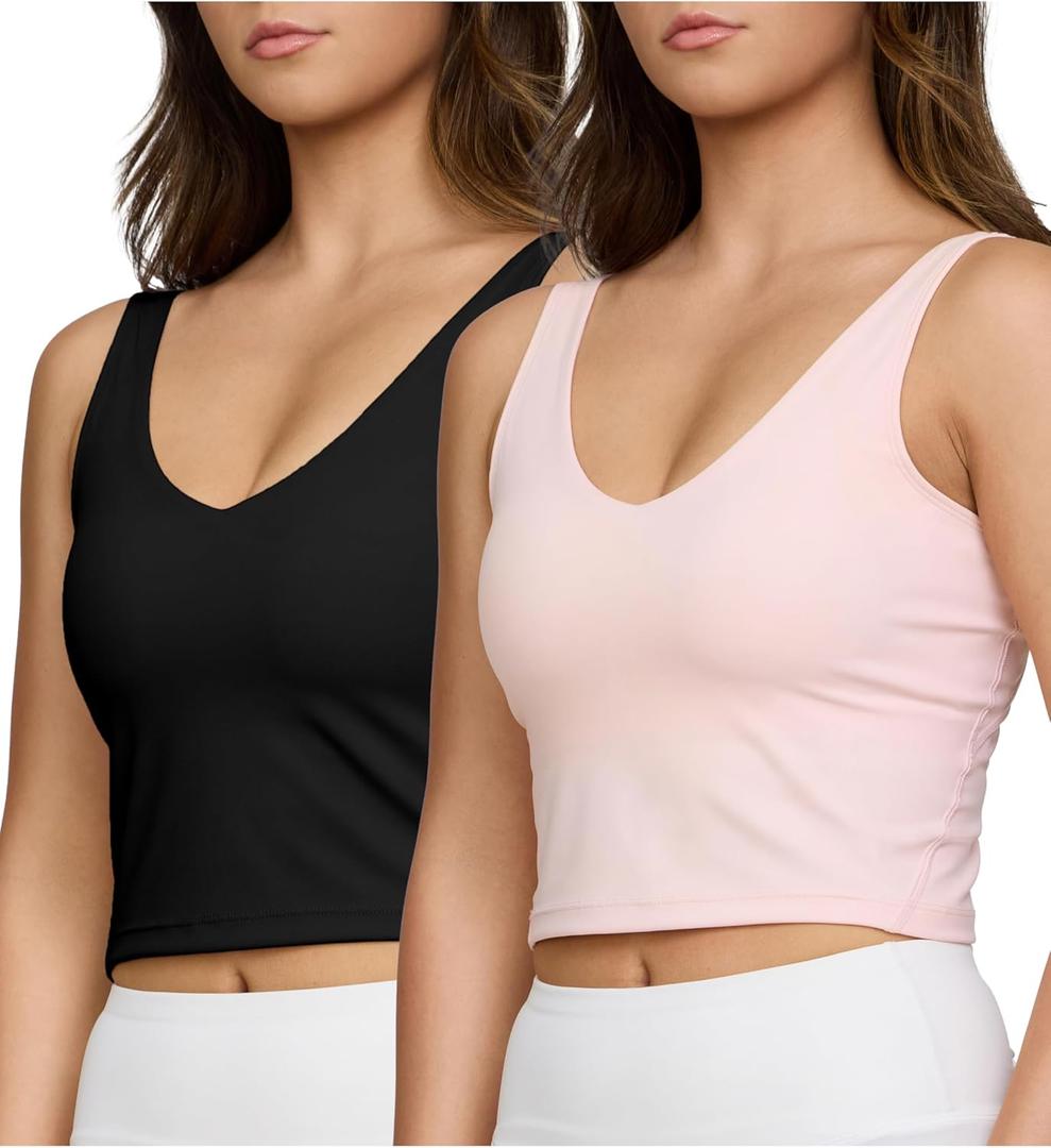 PURE CHAMP 2pk Sports Bras for Women Medium Support Crop Tops Tank Top for Women Camisole Cami Workout Tops Removable Padding (Black & Pink), Size: M