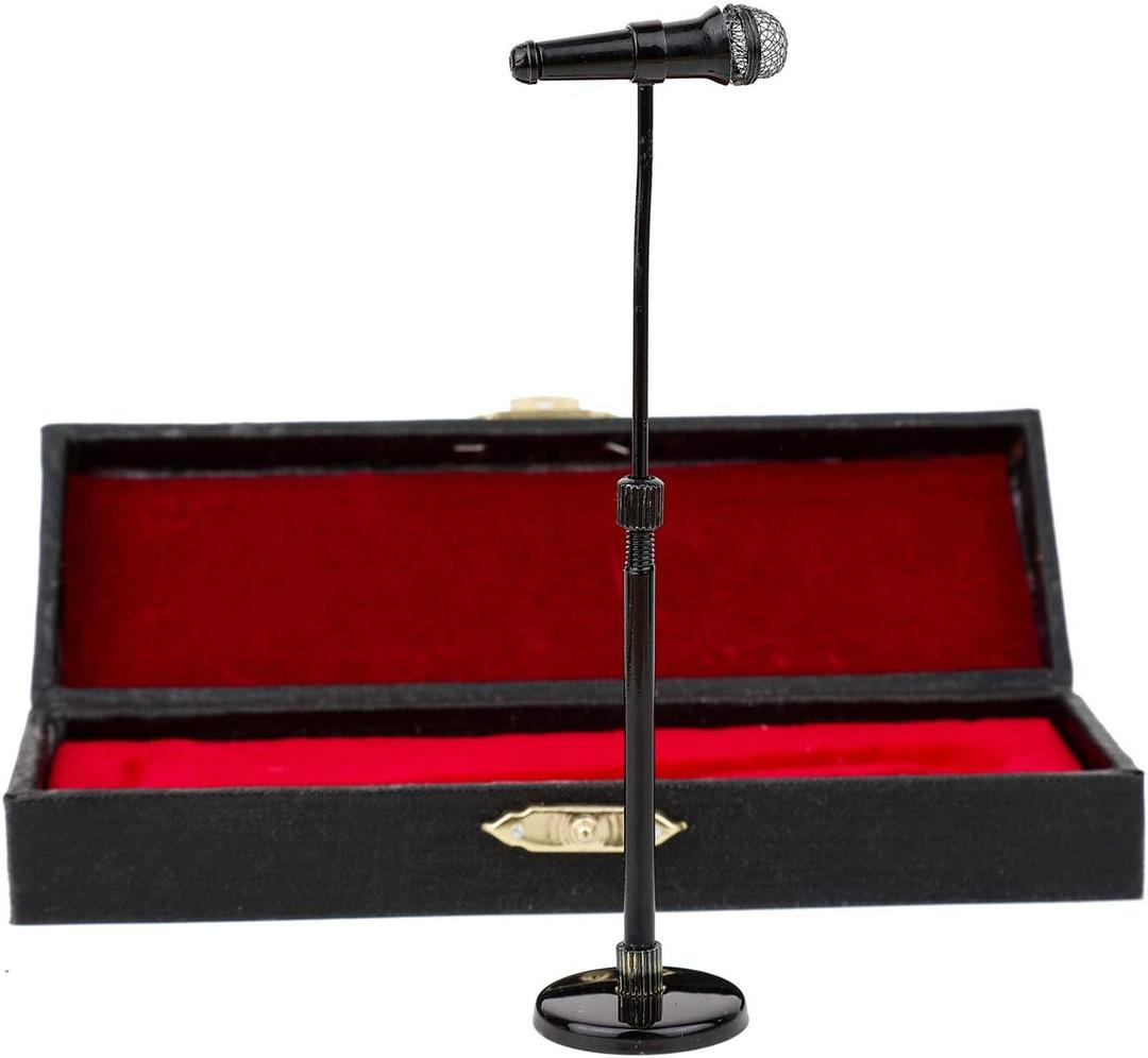Miniature Microphone with Case Mini Musical Instrument Microphone Replica Model Fit for 1:12 Action Figures Dollhouse Accessories Home Decoration Ornament (Black, (Adjustable) 3.15"-5.12")