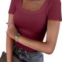ANRABESS Women Short Sleeve Tops Scoop Neck Ribbed Knit Slim Fitted Basic Tee Shirts Casual Summer Clothes 2025 Fall Outfits (Red, M)