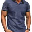 HBZDQB Mens V Neck Polo Shirts Contrast Collar Short Sleeve T-Shirt Ribbed Knit Vintage Muscle Golf Shirts Blue XXL