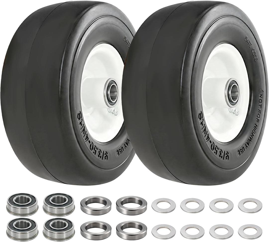9x3.50-4 Flat-Free Lawn Mower Tire, Solid Smooth Tire with 3/4" and 5/8" Axle Bore, 3.5"-5" Centered Hub, 9" Solid Tire for Zero-Turn Mowers, Garden Carts, Wheelbarrows, 2pcs