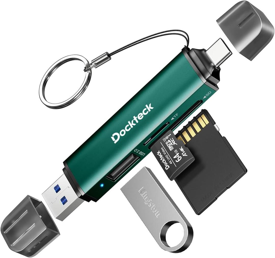 Dockteck SD Card Reader, 5G Super Speed USB3.0 SD/TF Card Reader, 3-Slot USB A/C to SD/Micro SD/USB A Memory Card Reader for UHS-I SD/Micro SD/SDHC/SDXC/MMC, Support OTG for Plug & Play, Green