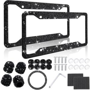 Timtin 2 Pcs Bling License Plate Frame Sparkly Rhinestone Diamond Accessories Stainless Steel Front License Plate Cover with Bling 4 Crystal Tire Valve Caps 1 Start Ring Sticker (Black)