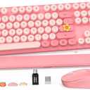 Wireless Keyboard and Mouse Combo - Retro Keyboard with Round Keycaps, Full-Size Typewriter Keyboard with Detachable Wrist Rest, 2.4GHz Connection for Mac/Windows/PC (Baby Pink)