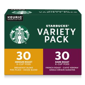 Starbucks K-Cup Coffee Pods, Starbucks Blonde, Medium and Dark Roast Hot or Iced Coffee, Variety Pack, 60 Keurig Pods (EXP 06/28/26)