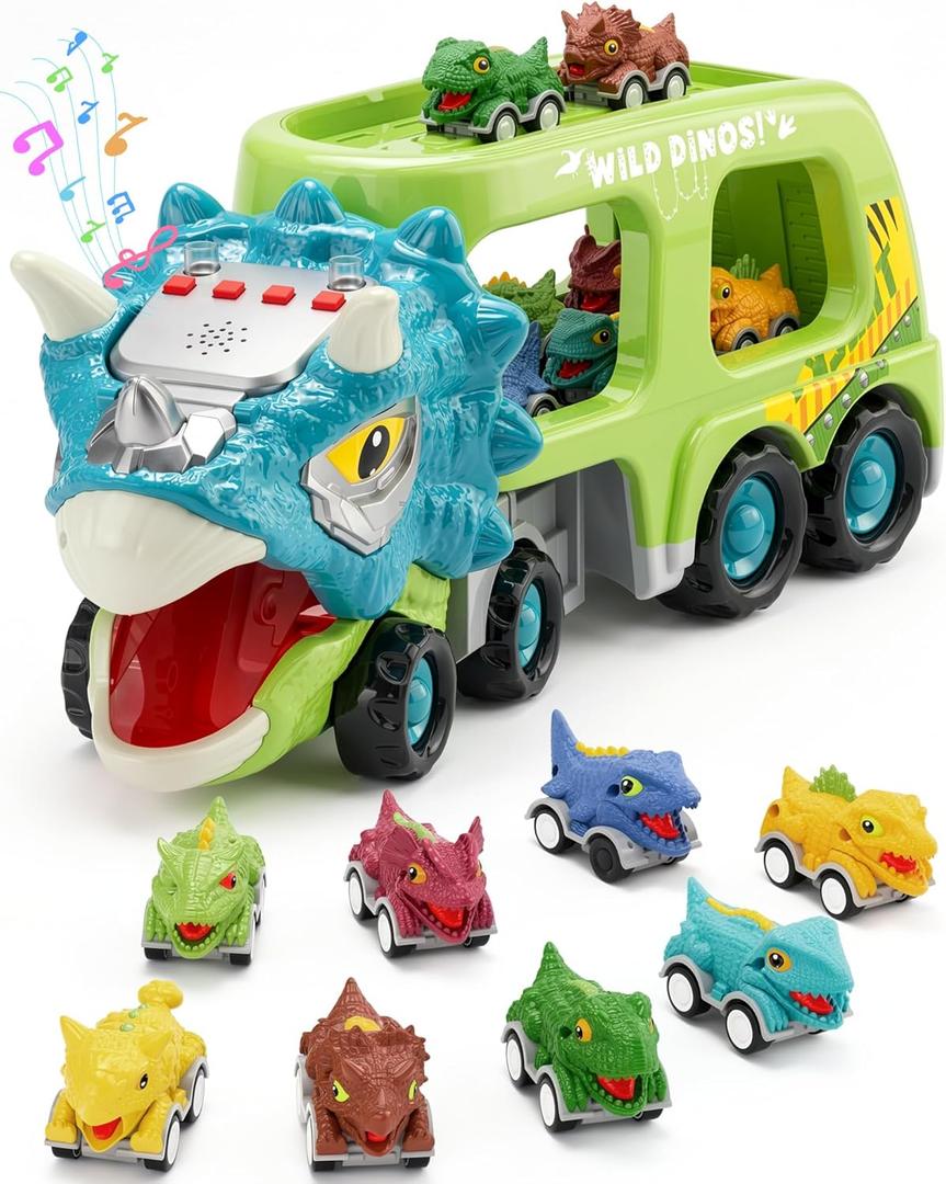 9 in 1 Dinosaur Toys for Boys, Dinosaur Transport Truck with 8 Pull Back Dino Cars, Toys for 3 4 5+ Year Old Toddlers, Birthday for Grandkids, Blue Green