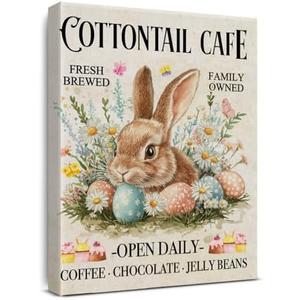 Easter Bunny Cafe Canvas Wall Art Framed 8x10, Vintage Rabbit Poster Prints for Coffee Station Bar Bakery Home Kitchen Decoration
