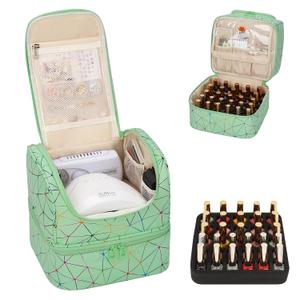 CUBETASTIC Nail Polish Organizer, Cute Nail Tech Organizers And Storage Bag Holds 45 Bottles & UV Nail Lamp, Compact Double-Layer Travel Nail Supplies Case for Nail Kit (Triangle Green, 27 Slots)