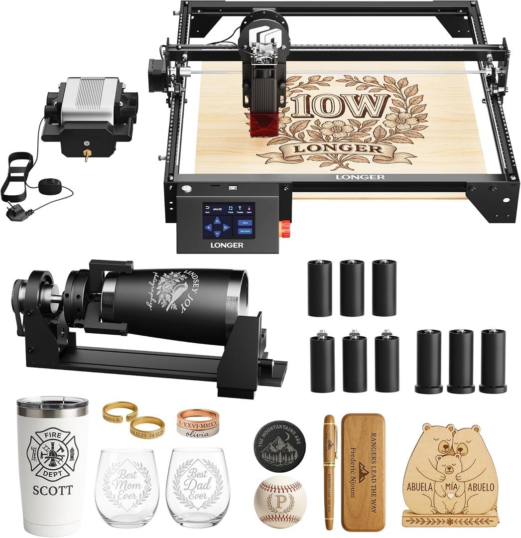 LONGER Laser Engraver Ray5 10000mW Engraver Machine DIY CNC Laser Cutter Tool for Metal Glass Wood Working Area 15.7 "x15.7" with Air Assist Rotary Roller Kit Laser (10w Deluxet Bundle)