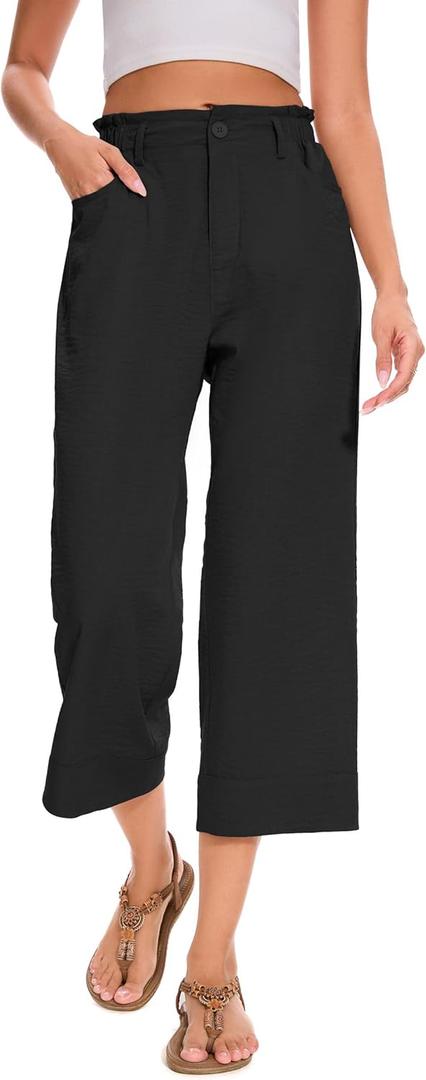 FUNYYZO Women Summer Capri Pants Trousers Drawstring Waist Wide Leg Casual Loose Fit Dressy Pants Black, Size XS