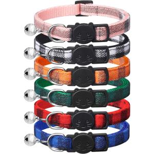 6 Pack Classic Plaid Cat Collars with Bells - Breakaway Kitten Collar and Adjustable 6-9 in,Cute Kitty Collar for Girl Boy Cats,Pet Gifts,Accessories,Supplies,Stuff
