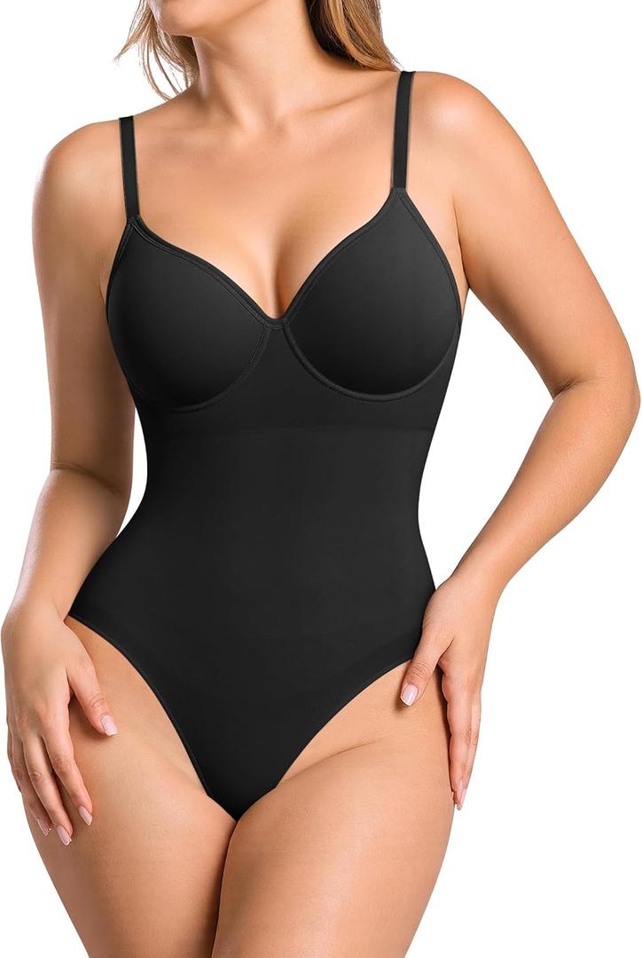 BRABIC Shapewear Bodysuits for Women Tummy Control Shapewear Seamless Deep V-Neck Body Shaper with Built-in Bra(Black, Small)