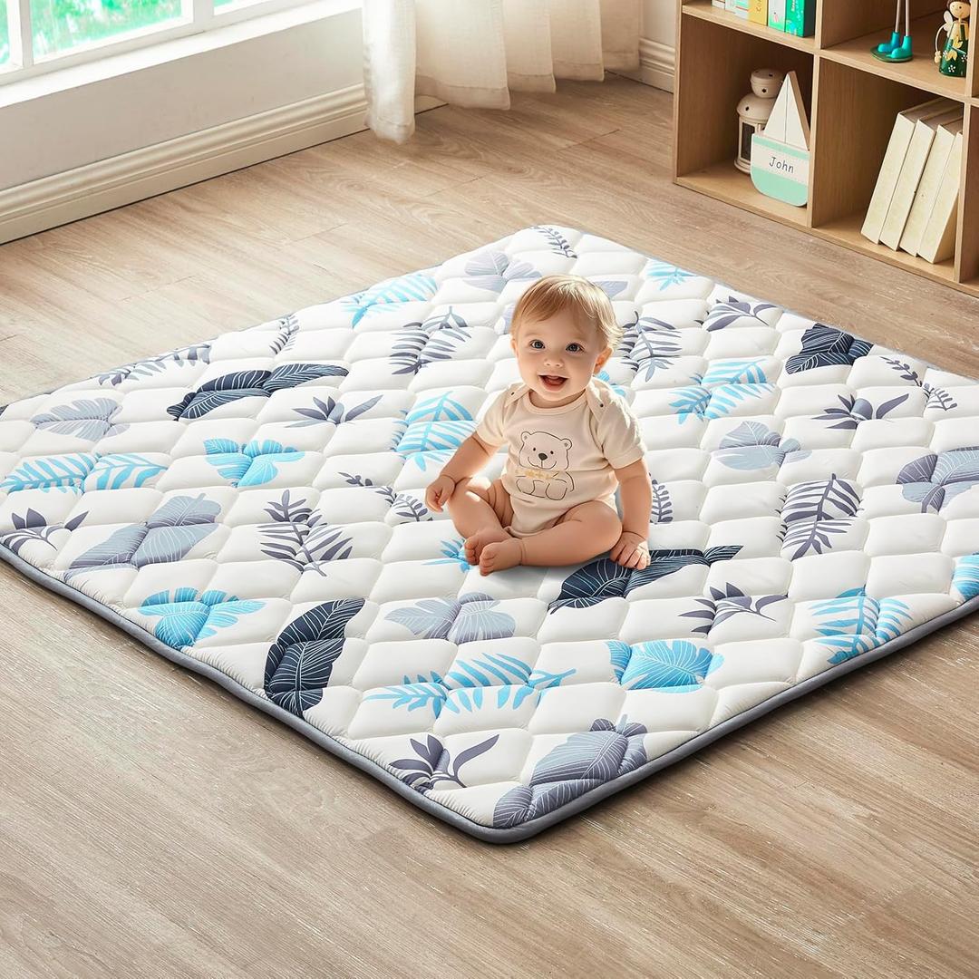 Baby Play Mat, Non-Slip Baby Mat for Floor, Soft Thicker Playpen Mat, Portable Playmat, Crawling Mat for Babies, Toddlers & Infants to Play and Learn 50"x50" (White Blue)