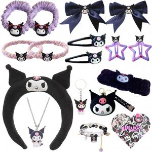117Pcs Kawaii Cute Stuff Gifts Set Include Headband,Pouch, Hair Band, Hair Ties & Clips, Hairpin, Stickers, Necklace,Bracelet, Keychain(Black)