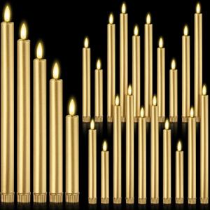 20 Pcs Flameless LED Taper Candles Battery Operated Taper Candles 5 Sizes of 6.5'', 7.7'', 8.8'', 10.0'', 11.2'' Flameless Candlesticks Flickering with 3D Flame for Wedding (Golden)
