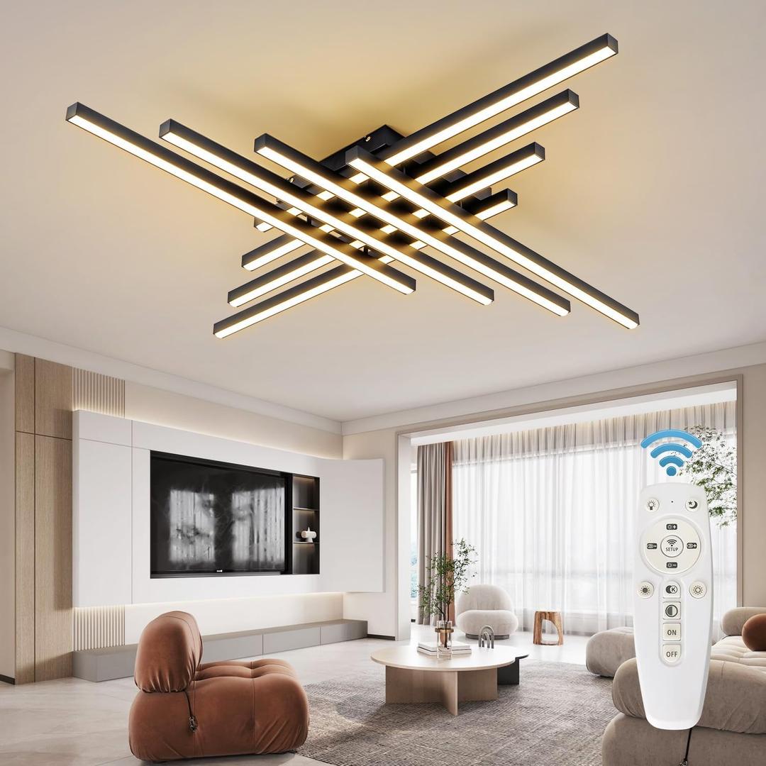 Flush Mount Ceiling Light Fixture 45.7" Modern Black Sputnik Dimmable LED Lamp with Remote Control Ideal for Bedroom Living Room Kitchen Island(8 Lights)