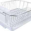 Kitchen Details 3 Piece Dish Rack | Drying Rack, Cutlery Basket & Drainboard Tray | Countertop | Self Draining | Open Wire Design | Chrome | White