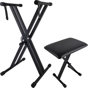 Shongbluu Piano Keyboard Stand and Bench Set, Double-X Keyboard Stand Adjustable Digital Piano Stand with Lockable Straps, (Piano Keyboard Stand x 1, Piano Bench x 1), Black