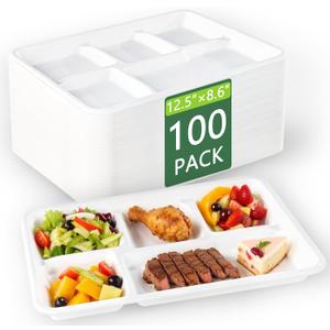 WELLIFE 100% Compostable 5 Compartment Paper Plates, 100 Pack Disposable School Lunch Trays Divided Plates for Adult Youth, 12.5 * 8.6 inch Heavy Duty Eco-Friendly Bagasse Plate for Buffet and Party (Natural)