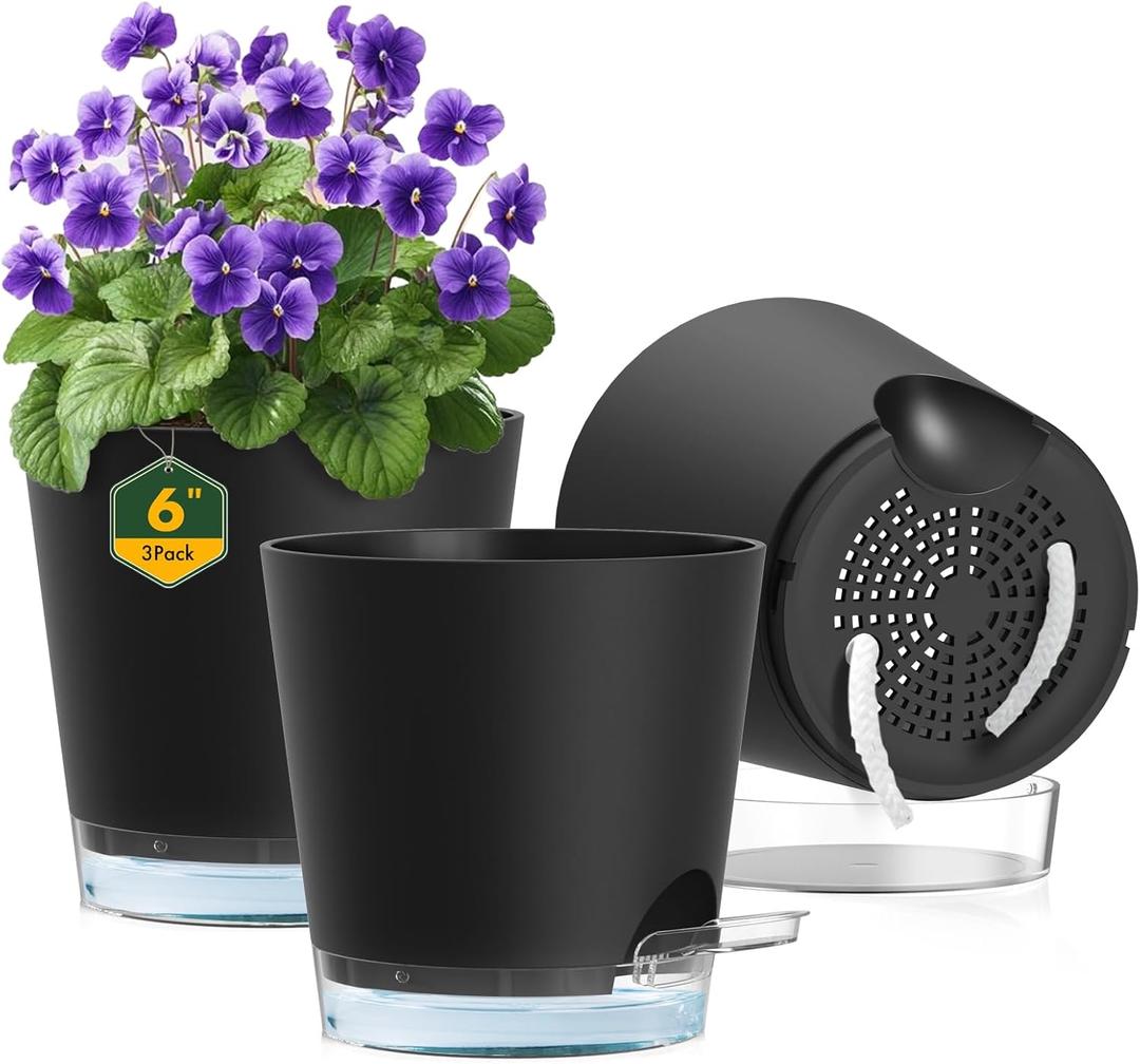 Meowell 6 inch Self Watering Pots for Indoor Outdoor Plants, 3 Pack Flower Plant Pots with Drainage Holes and Clear Reservoirs, Visible Water Level, Plastic Planters with Wicking Rope, Black