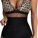 SUUKSESS Women Sexy Mesh Tummy Control Swimsuit Push Up High Waisted Bathing Suit (XL, Leopard)