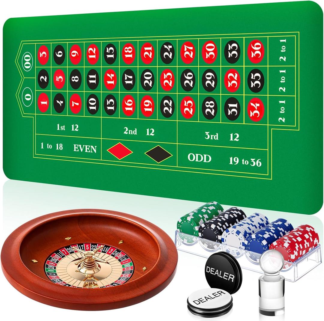 Lunmon Roulette Wheel Game Set Include 11'' Solid Wood Roulette Wheel 35" x 16" Rubber Portable Roulette Tabletop Layout Mat 100 Chips Roulette Marker Dealer Button