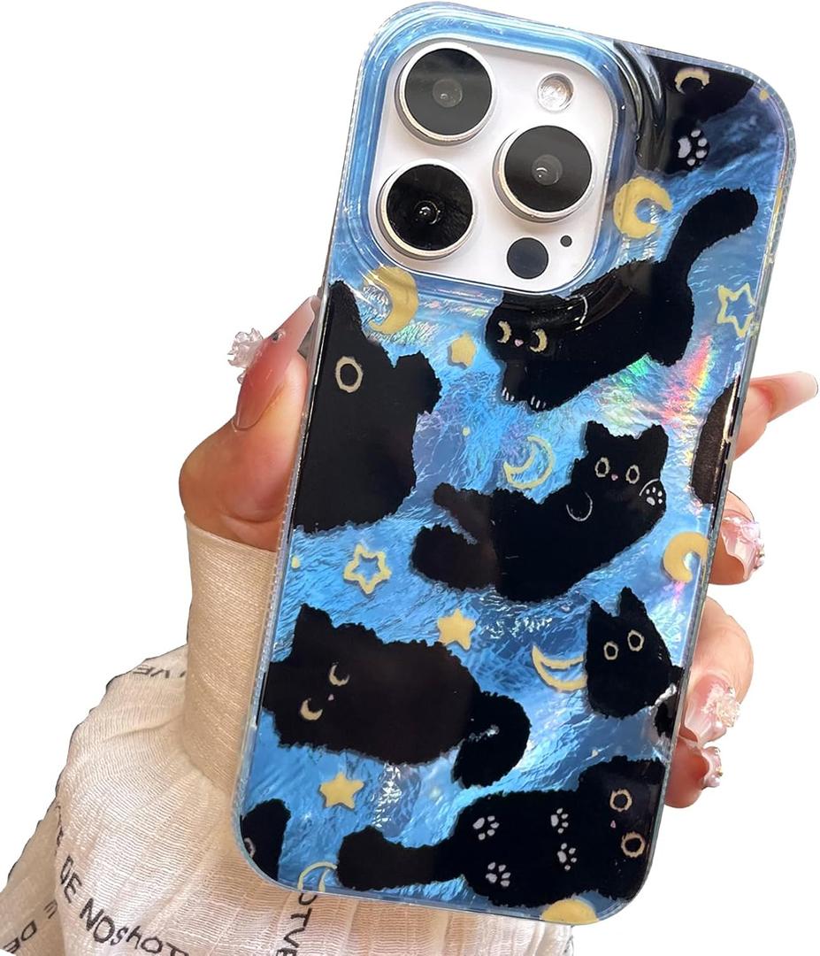 Compact Case for iPhone 15 Pro Max Black Cat Design, Cute Trendy Soft Slim TPU Shockproof Protective Bumper Phone Cases Cover for Women Girls Aesthetic Glitter Shiny Adorable