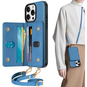 TUCCH Crossbody Case Wallet for iPhone 16 Pro, [Detachable Adjustable Lanyard] PU Leather Magnetic Closure Folio RFID Blocking [6 Card Slots], Protective Phone Cover for iPhone 16 Pro 6.3", Lake Blue