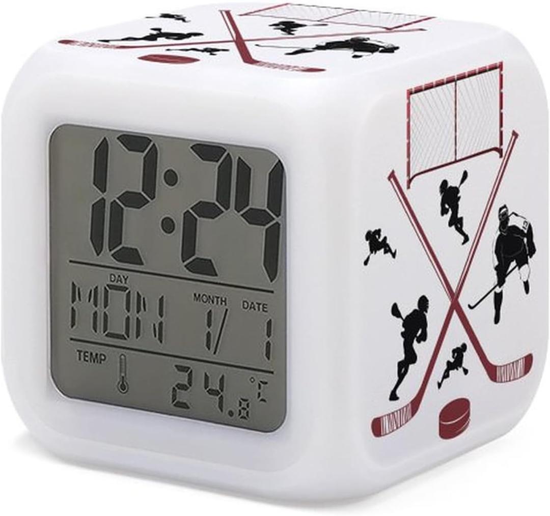 Hockey Ball Alarm Clock for Kids Boy Girl 7 LED Color Changing Wake Up Clock Home Decor Bedroom Digital with Temperature Display
