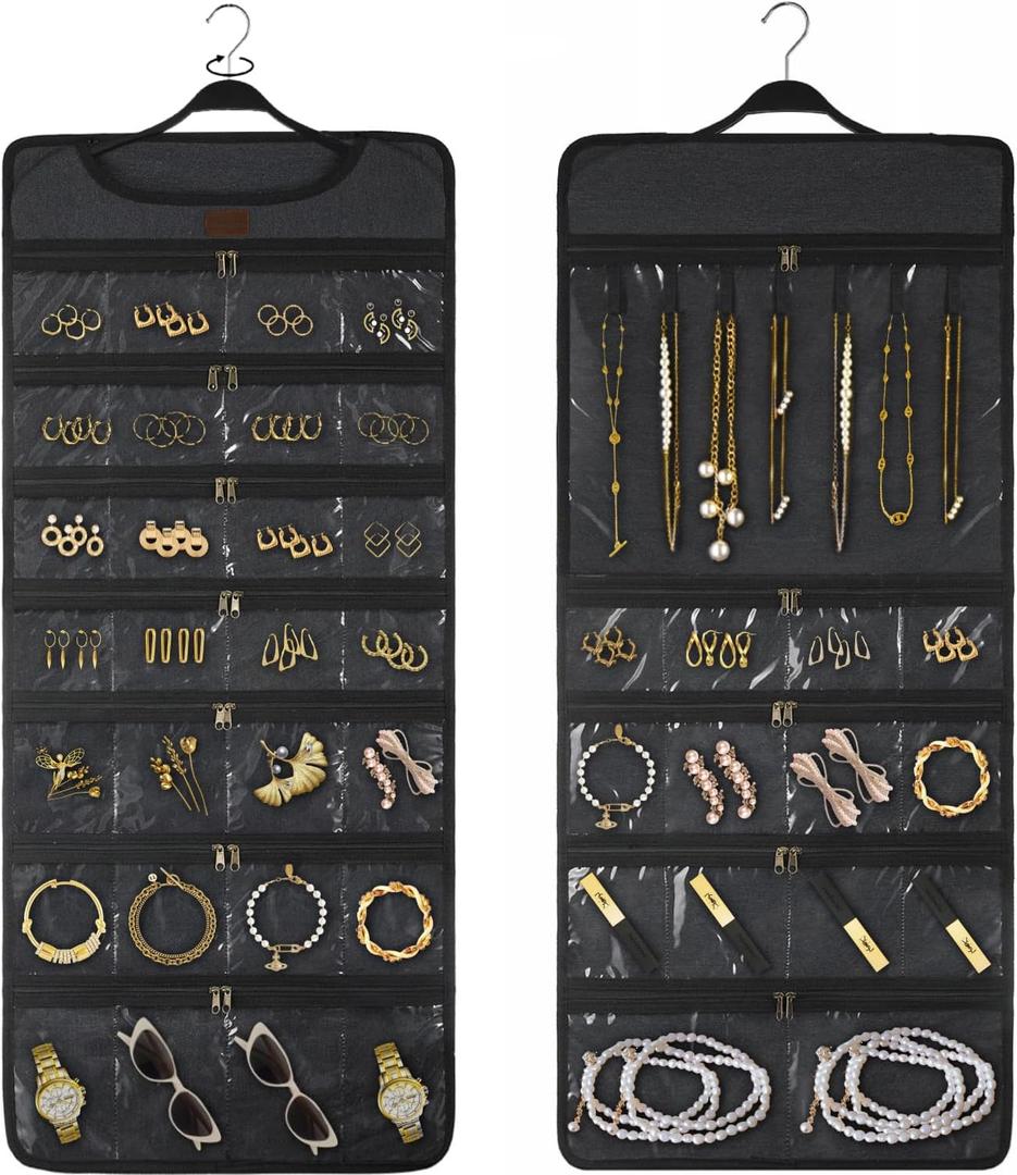 SMRITI Hanging Jewelry Organizer with Dual Zippered Pockets Canvas Double Sided Rotating Hanger Necklace Hanging Wall Organizer Earring Dustproof Holder Wall Mount Accessories Display Bag(Dark Grey)