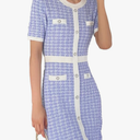 URBAN REVIVO Women's Sweater Dress Knit Tweed Dress Short Sleeve Pearl Button Mini Dresses Trendy for Fall Spring Summer (Medium, Black-style-1)