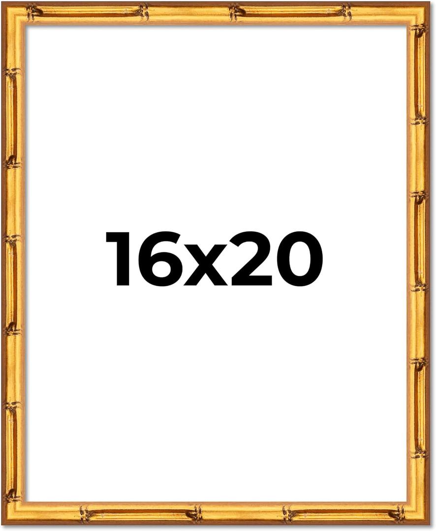 Poster Palooza 16x20 Frame Gold Bamboo Solid Wood Picture Frame with UV Acrylic, Foam Board Backing & Hanging Hardware Included