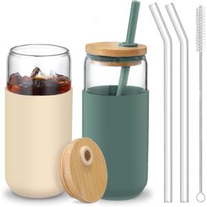 20 OZ Glass Cups with Bamboo Lids and Straws - Beer Can Drinking Glasses with Silicone Protective Sleeve Set, Iced Coffee Glasses, Cute Tumbler Cup for Water, Tea, Gift - Cambridge Blue, Amber, Large
