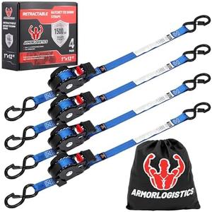 ARMORLOGISTICS Retractable Ratchet Straps 4 Pack, 1 in x 12 FT Auto Ratchet Straps for Motorcycle, Kayak and Trucks, Breaking Strength 1,500LBS/500LBS Working Load Limit Blue