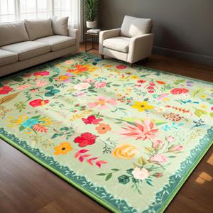 Rugs for Living Room, Floral 6x9 Non Slip Machine Washable Large Living Room Rug, 0.27 Low Pile & Non-Shedding Boho Large Area Rug for for Livingroom, Bedroom, Dining Room (Green)