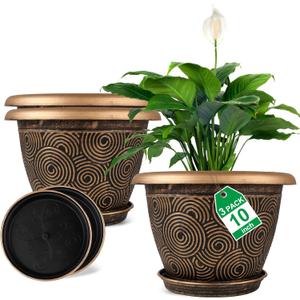 10 Inch Flower Pots Planters for Indoor Outdoor Plants, 3 Pack Plastic Large Plant Pots with Drainage Hole & Tray, Modern Decorative Garden Pot with Saucer, Plant Container for House (Gold)