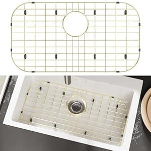 jkxoo 26" L x 14" W Gold Sink Protectors for Kitchen Sink, Metal Sink Rack for Bottom of Sink, Sink Grate for Bottom of Kitchen Sink Rear Drain Hole with Corner Radius, Stainless Steel Sink Protector