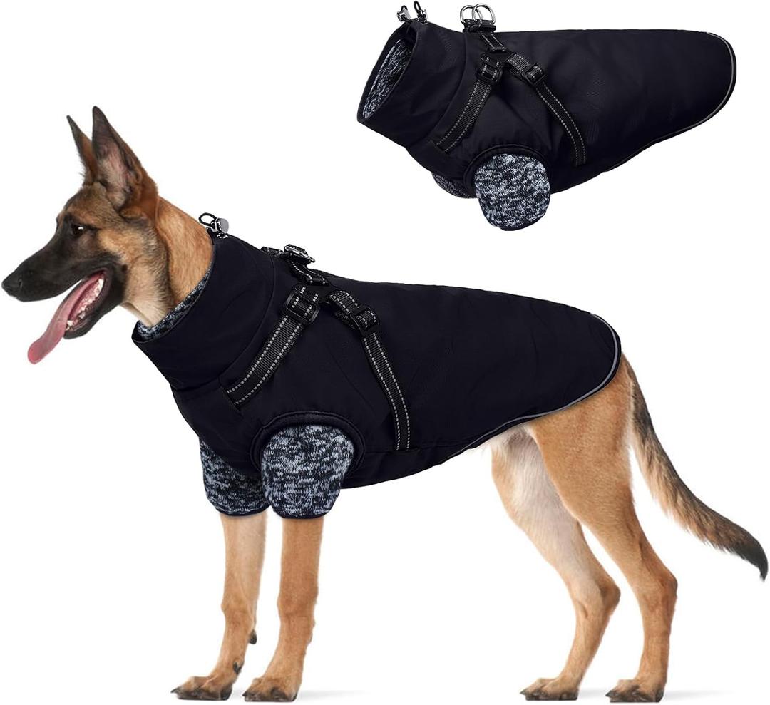Lelepet Dog Coat 3 in 1 Waterproof Dog Winter Jacket with Harness Built in Windproof Snow Jakcet with Detachable Fleece Sweater Lining Reflective Thermal Cold Weather Coats for Small Medium Large Dogs (Black)