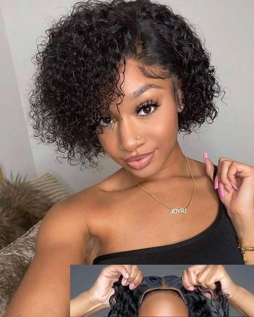 Pixie Cut Wig Human Hair 4x4 Glueless Wig 8 Inch Short Curly Wig Human Hair For Black Women Glueless Wigs Human Hair Pre Plucked Pre Cut Lace Closure Wear and Go BOB Wigs 180% (Black, 8 inche)
