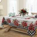 Newbridge Poinsettia Festivity Gingham Bordered Christmas Fabric Tablecloth, Holiday Red Poinsettia & Holly Print, Easy Care Stain Release, 60 x 84 Inch Oval (Multi Color)