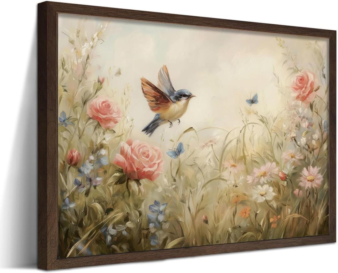 Vintage French Framed Wall Art, Wildflower Meadow Bird Canvas Prints for Living Room, Spring Floral Oil Painting in Wood Frame, Nature Botanical Picture for Bedroom Office 8x10 inch