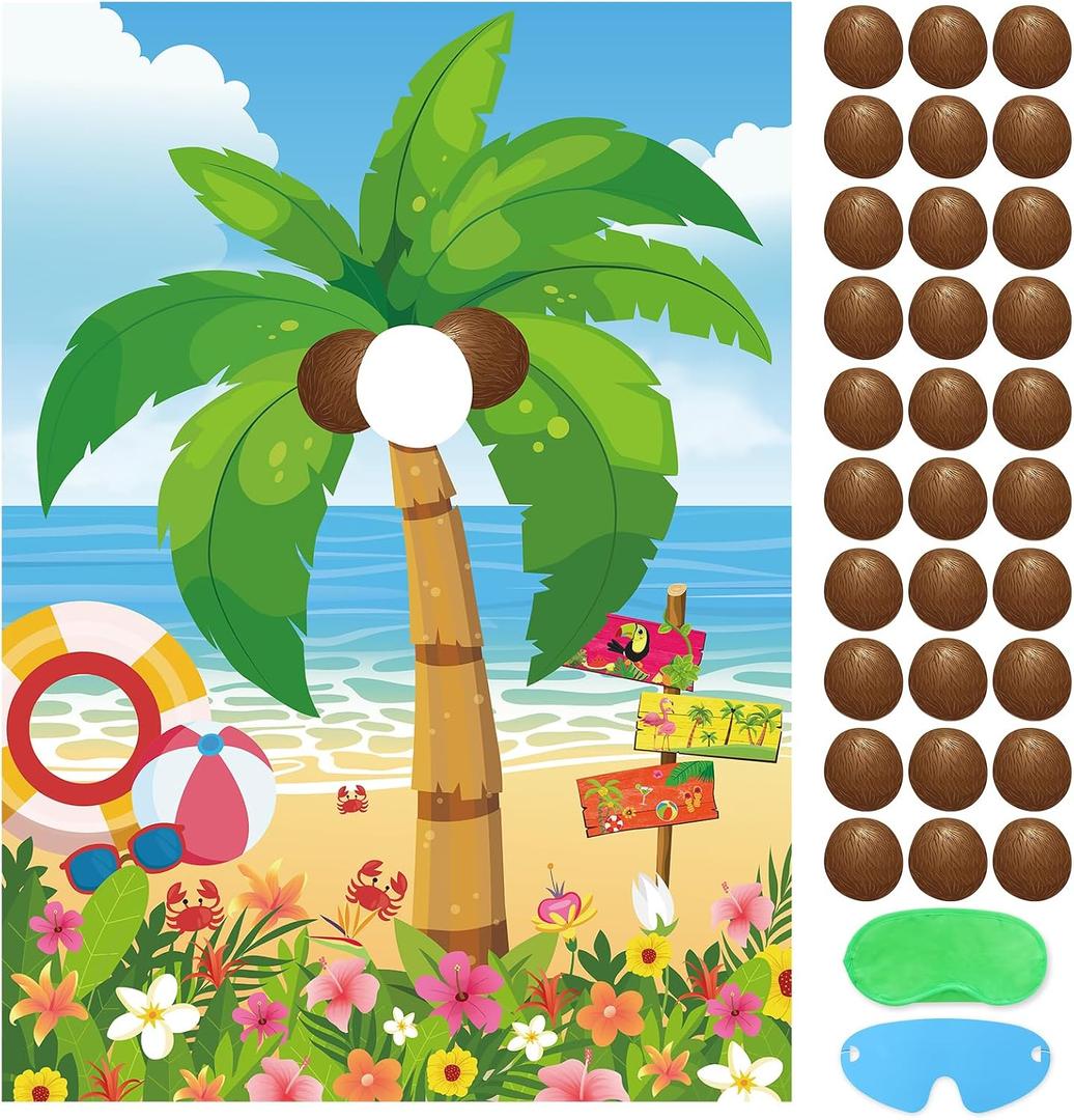 Hxezoc Hawaiian Luau Party Game for Kids Pin The Coconut on The Palm Tree with 30 Pcs Coconut Stickers, Large Summer Tropical Palm Tree Poster for Hawaiian Birthday Party Supplies, 29 x 19 inches