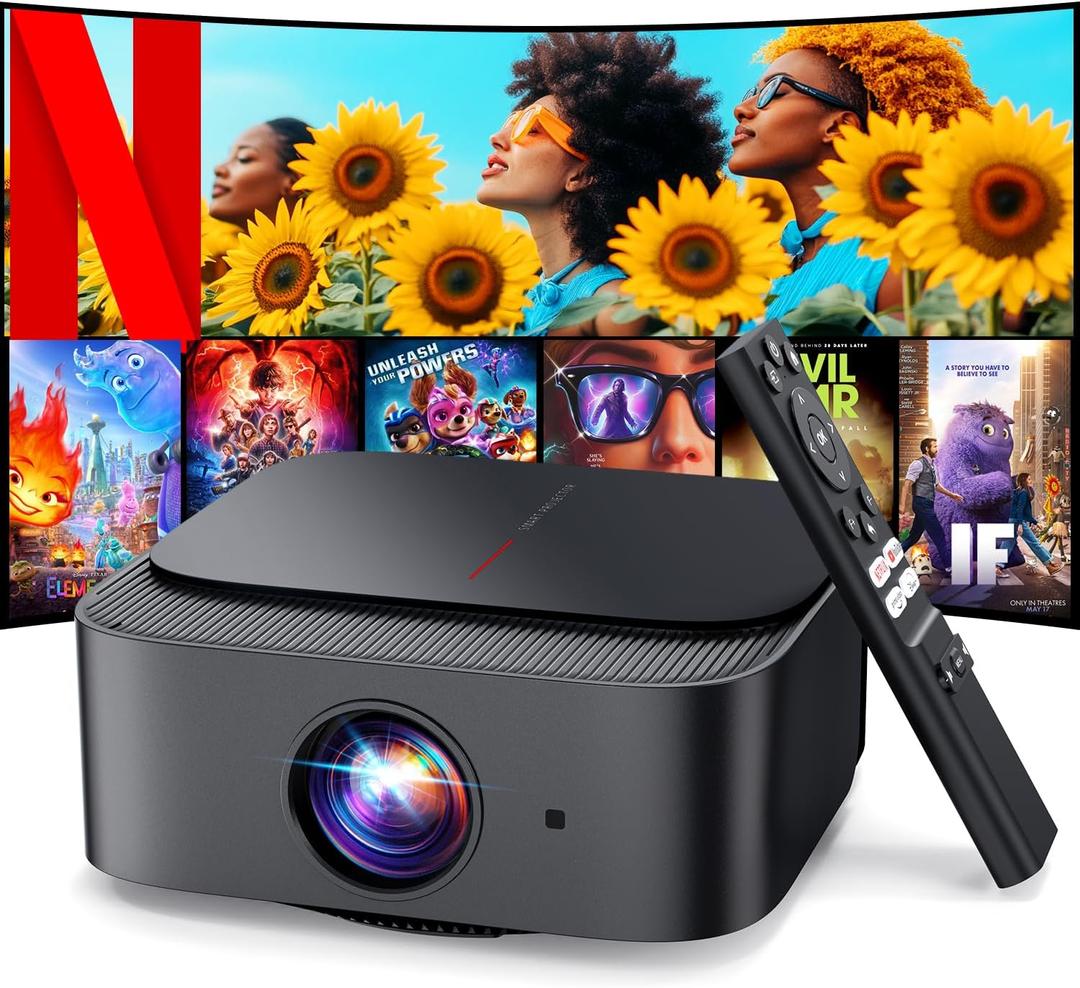 [2025 Netflix-Official | 386+ Built-in Apps] DBPOWER E2 Smart Projector with WiFi and Bluetooth, Mini Projector 4K Support with Netflix, Youtube, Disney+, Hulu, Max, Crunchyroll w Portable Case (Grey)