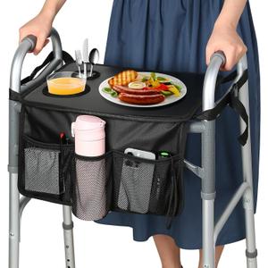 Walker Tray for Folding Walker, Trays for Walkers for Seniors Detachable with Cup Holder,Walker Trays for Rolling Folding Walker,Walker Accessories for Elderly (Black With Pockets 2.0)