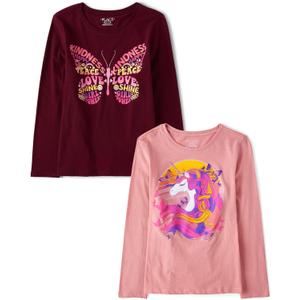 The Children's Place Girls' Unicorns,Sports,Butterflies Long Sleeve Graphic T-Shirts,2 Pack (Large)
