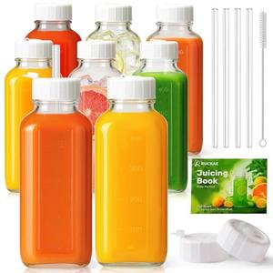 Ruckae 16oz 8 Pack Glass Juice Bottles with Hole Lids - Reusable Square Glass Juice Bottles with Leak-Proof Lid & Capacity Marks for Containers Juicing,Milk,Smoothies