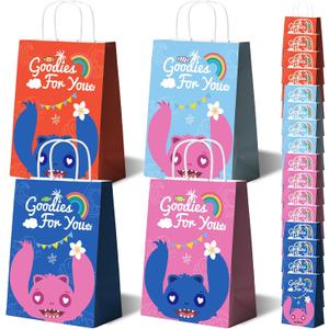 16 Pack Tropical Rainbow Party Favor Bags with Handles - Cute Cartoon Goodie Bags for Kids Birthday, Luau, Summer Beach Theme - Colorful Paper Treat Gift Bags for Classroom Prizes & Candy (Pink Blue Red)