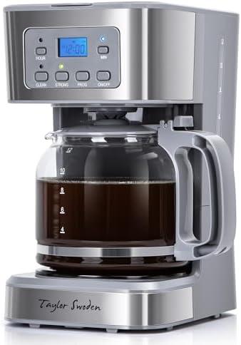 Taylor Swoden 12-Cup Programmable Coffee Maker, Regular & Strong Brew Drip Coffee Machine for Home and Office, Glass Carafe, Pause & Serve, Auto Shut Off, Gray & Stainless Steel