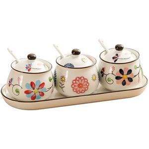 YMYL Set of 2 Ceramic Condiment Jars with Lid Spoon and Tray, Modern Elegant Spice Container Sugar Bowl Seasoning Jars for Home and Kitchen Counter (Red)